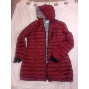 HFX Performance Apparel Burgundy Down Puffer Trench Coat XL Hood, Zip, Pockets